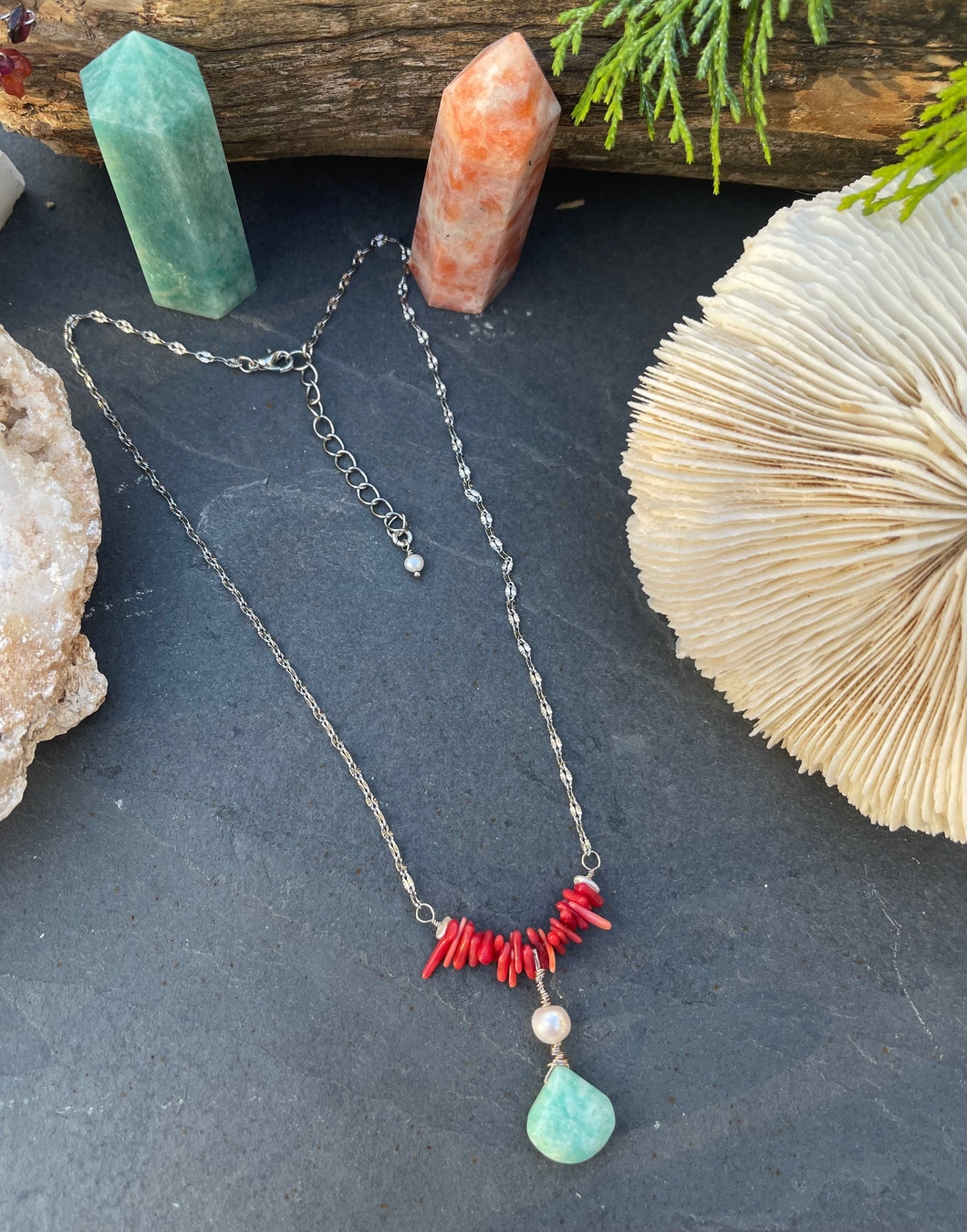 Amazonite, Pearl & Coral Combo Necklace