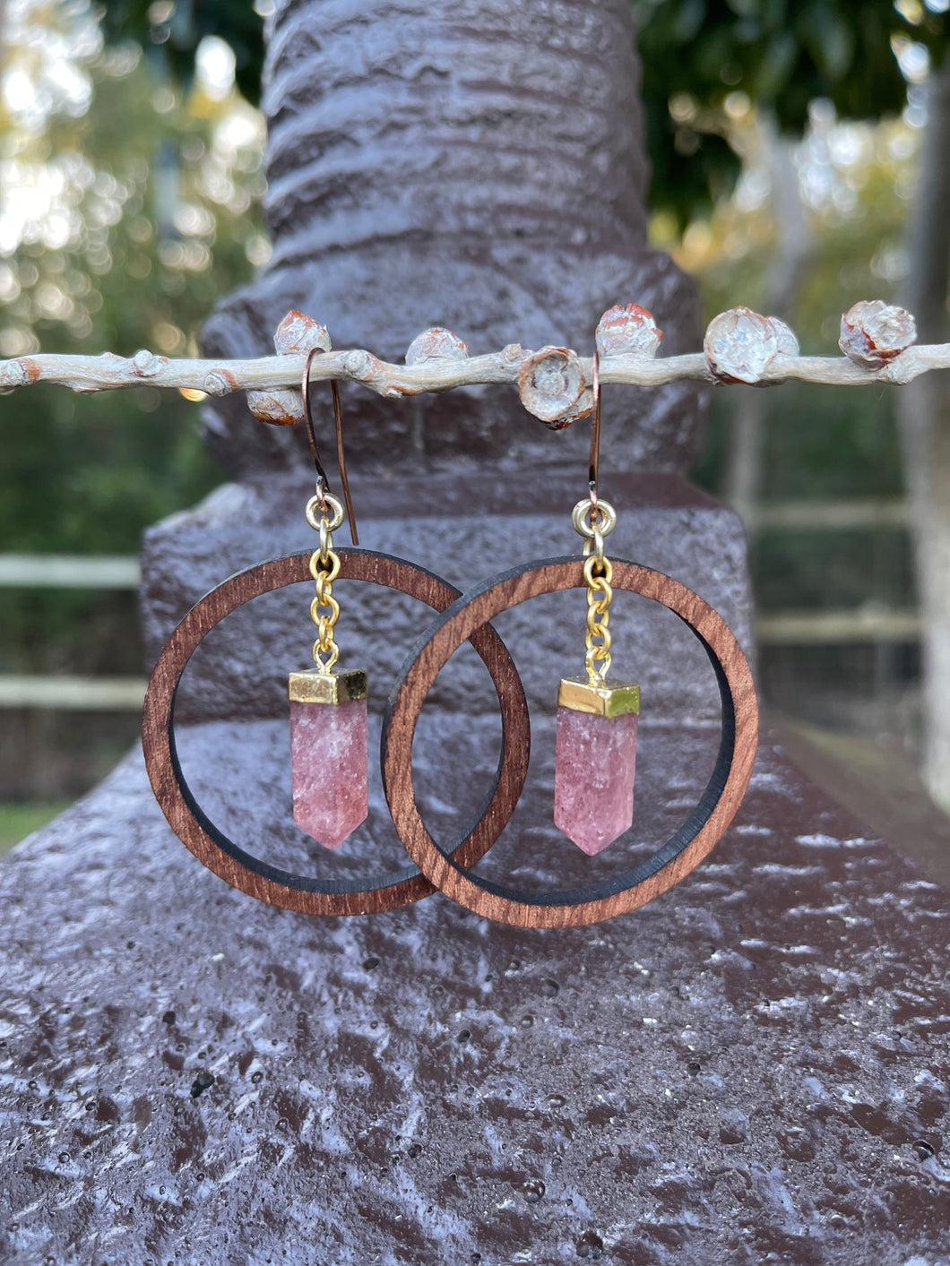 Strawberry Quartz & wood Earrings