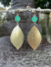 Load image into Gallery viewer, Blue Flower &amp; Golden Leaf Earrings
