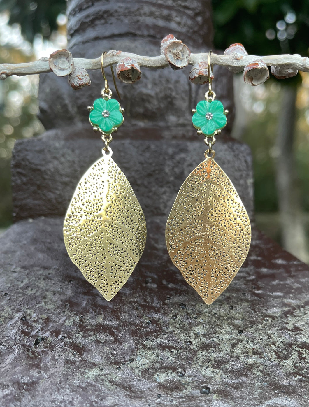 Blue Flower & Golden Leaf Earrings