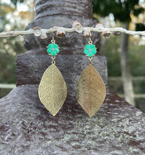 Load image into Gallery viewer, Blue Flower &amp; Golden Leaf Earrings
